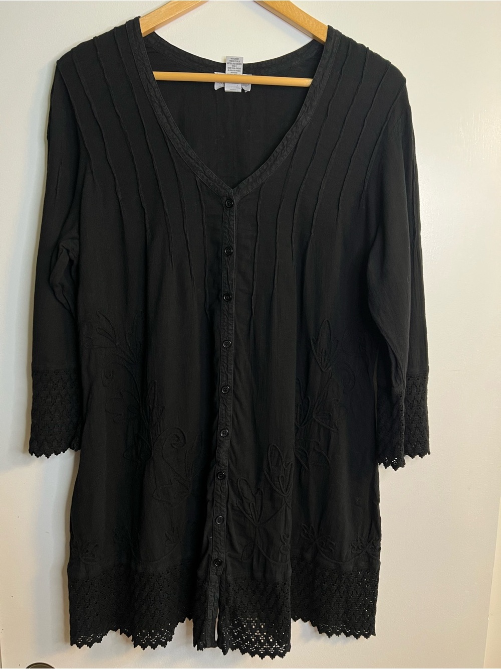 Soft Surroundings Black Button-Front Grenada Tunic Top with Embroidered Detail